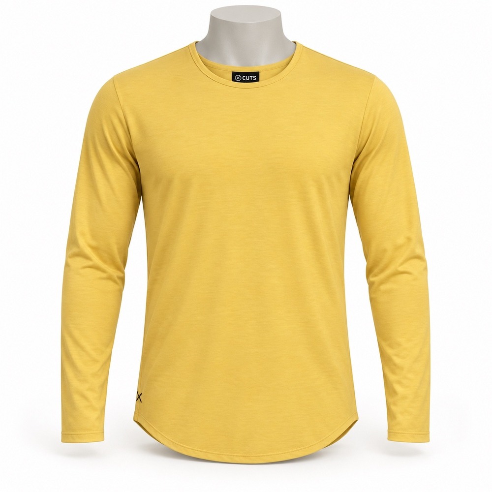 Cuts Pyca Pro Long Sleeve T-Shirt Men Small Yellow Curved Hem Elongated Crewneck
